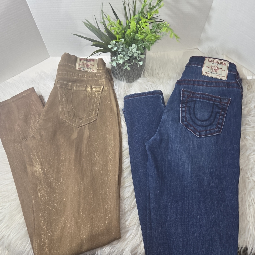 True Religion: Halle High Rise & Metallic Gold Coat Skinny Jeans — Size 27" Both